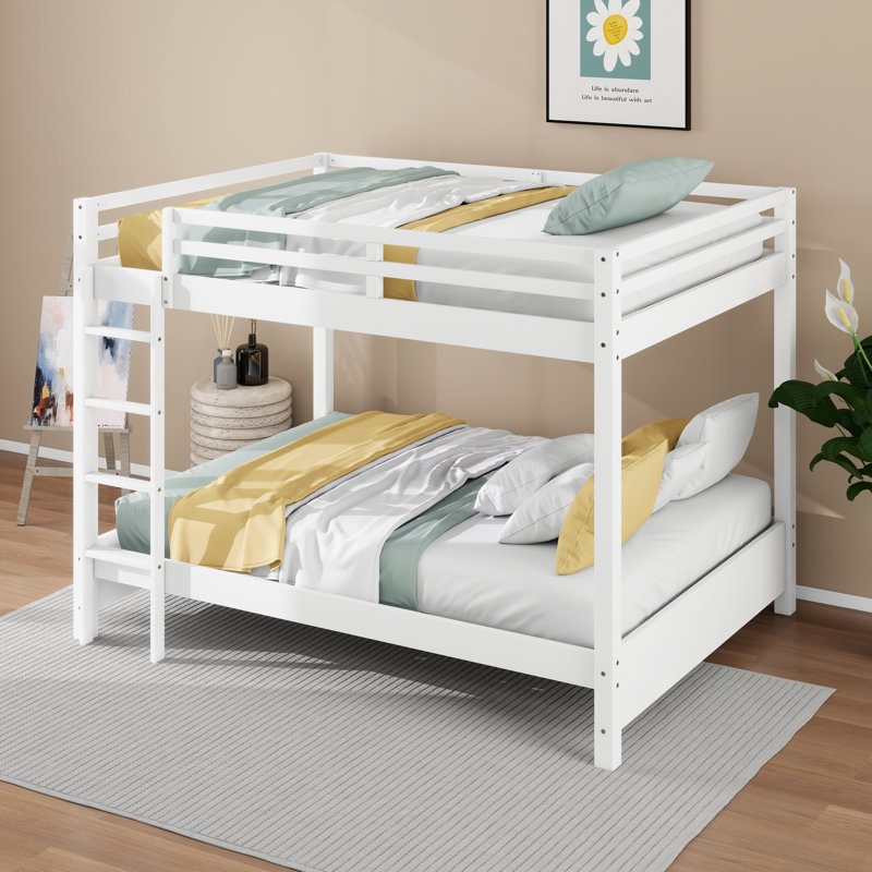 Queen Over Queen Wood Bunk Bed With Ladder, Solid Wood Platform Bed Frame For Kids Teens, White