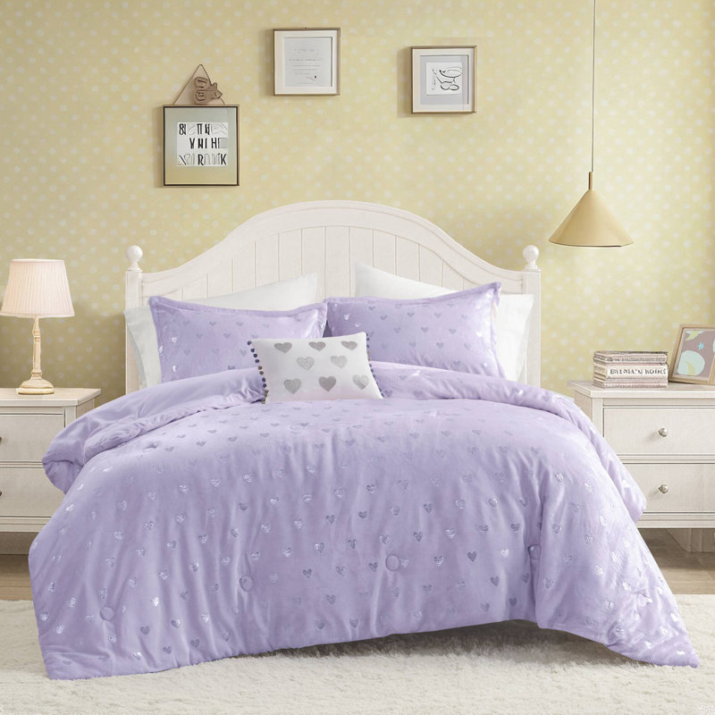 Ensemble d'édredon moelleux à imprimé métallique Rosalie, Mauve / argenté, Édredon simple / simple TG, 1 taie décorative et