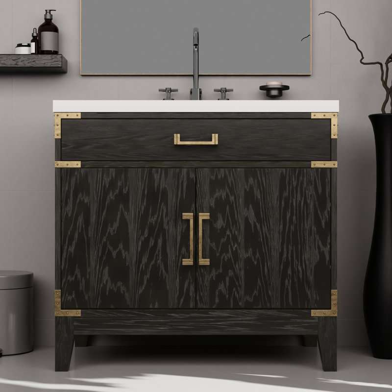 Meuble-lavabo en chêne noir l 36 po x P 22 po, comptoir en quartz blanc, robinet, baignoire l 36 po avec comptoir poli et ensemble