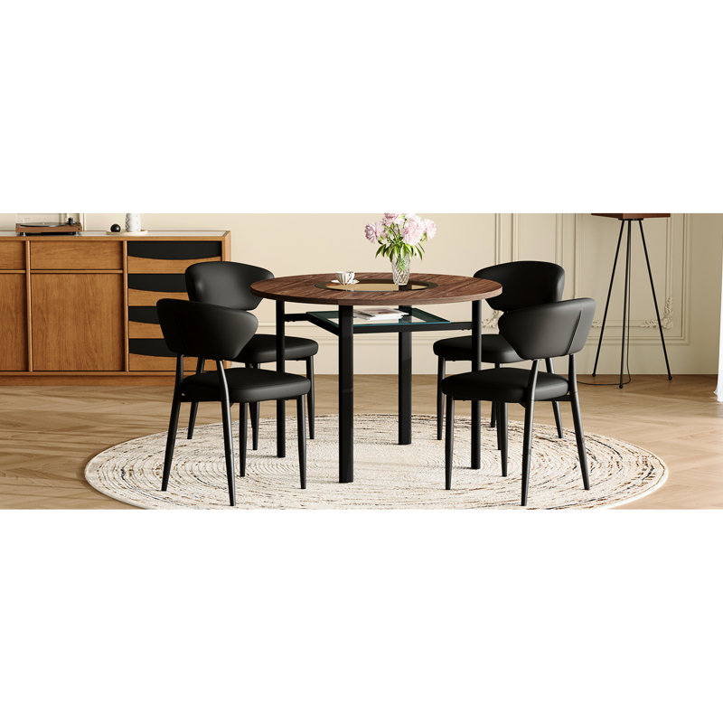 Table de salle à manger minimaliste moderne de 107 cm (42 pouces) et 4 chaises noires en PU, finition bois brun, incrustations en verre couleur thé de 51 cm (20 pouces), étagère transparente pour se détendre, design ergonomique, verre résistant aux chocs et aux hautes températures, cuisine ouverte