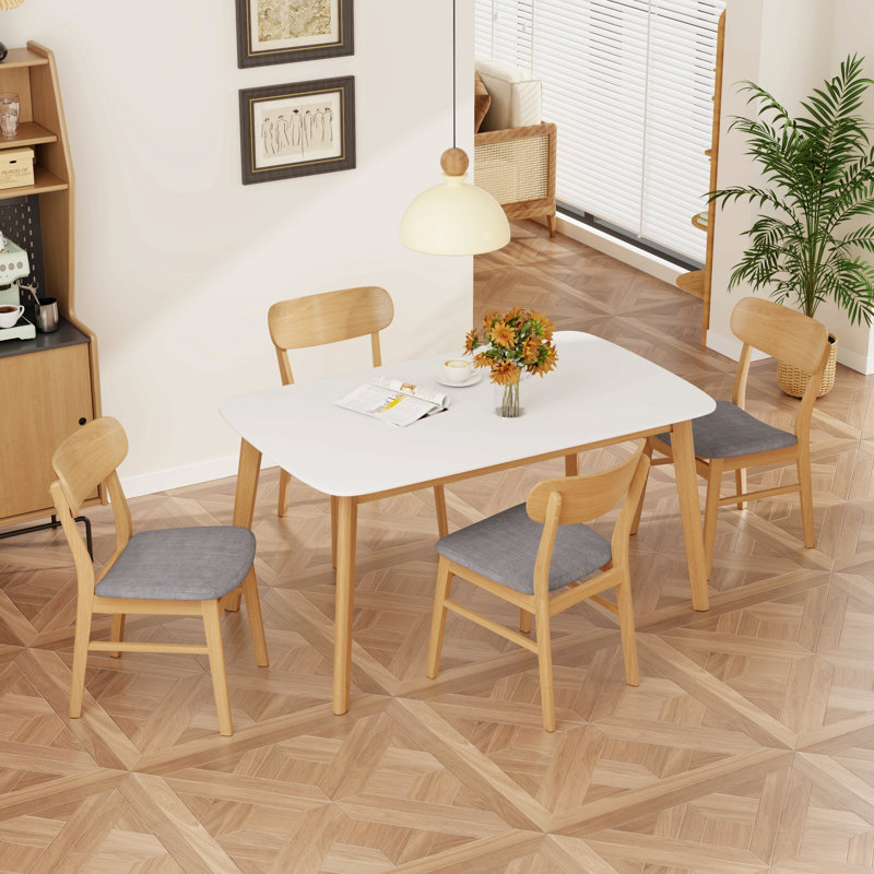Ensemble de table de salle à manger 5 pièces avec une table à structure en bois massif et 4 chaises rembourrées en bois massif pour la salle à manger (chêne blanc et gris foncé)