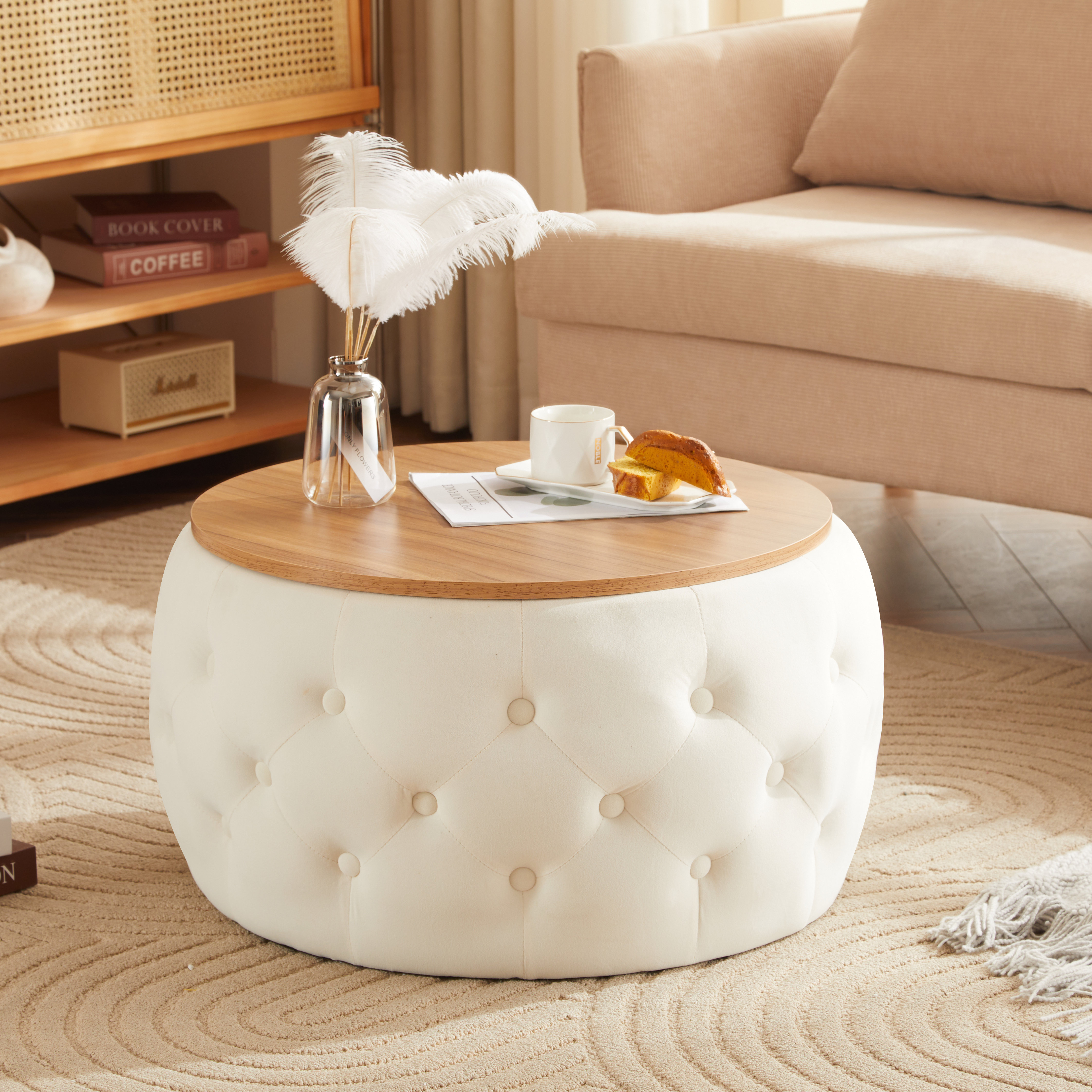 Round Coffee Table for Living Room with 2-Tier Storage Shelf Ebern Designs Color: Beige