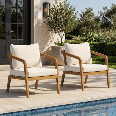 Fauteuil club d'extérieur en bois d'acacia avec dossier et coussins en osier PE (ensemble de 2) - Fauteuil d'appoint moderne pour balcon, bord de piscine et véranda