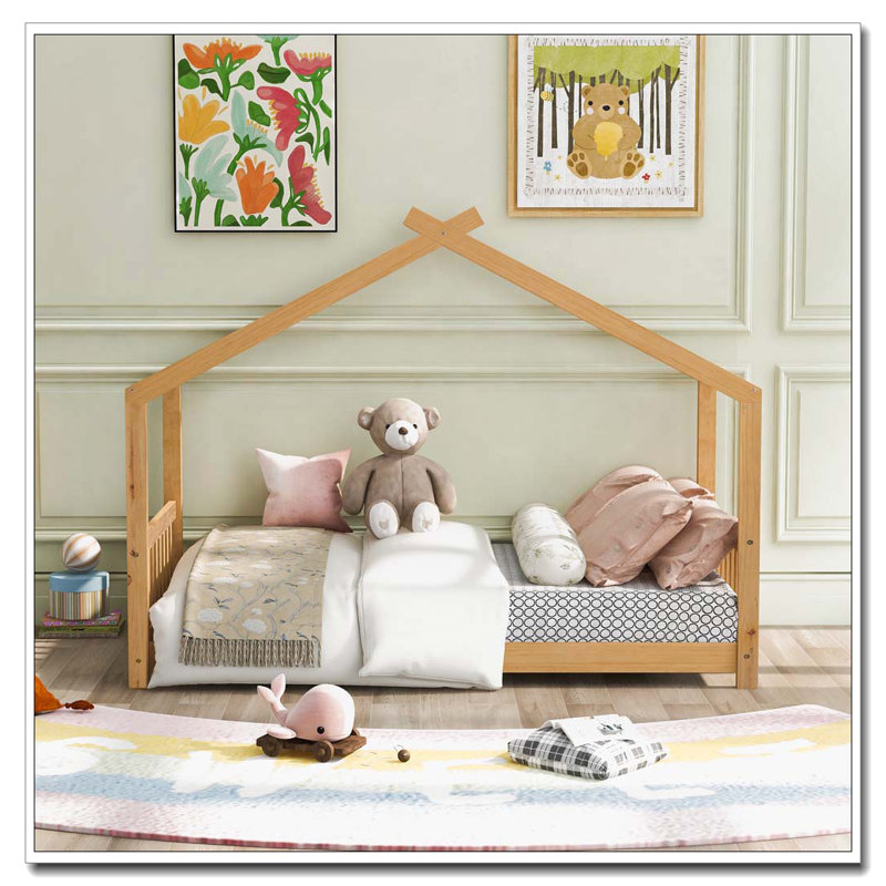 Lit plateforme House avec deux tiroirs, Naturel, Lit double