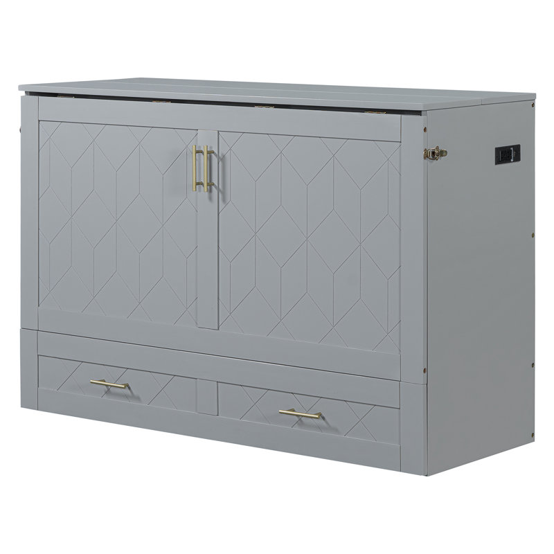  Lit escamotable Murphy avec tiroir, prises, ports USB et structure de poulie, gris, Double