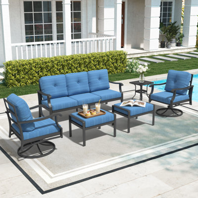 Ensemble de conversation de patio en aluminium 6 pièces, mobilier d'extérieur en métal avec canapé 3 places, chaises pivotantes à bascule, repose-pieds et table basse, coussins épais de 5 po pour la cour arrière, près de la piscine