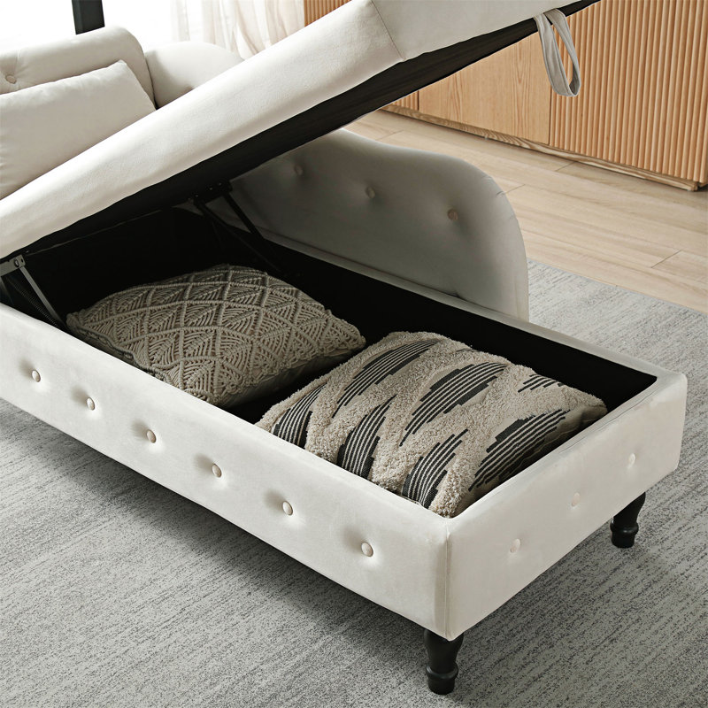 Chaise longue en velours à rangement multifonctionnel, Beige