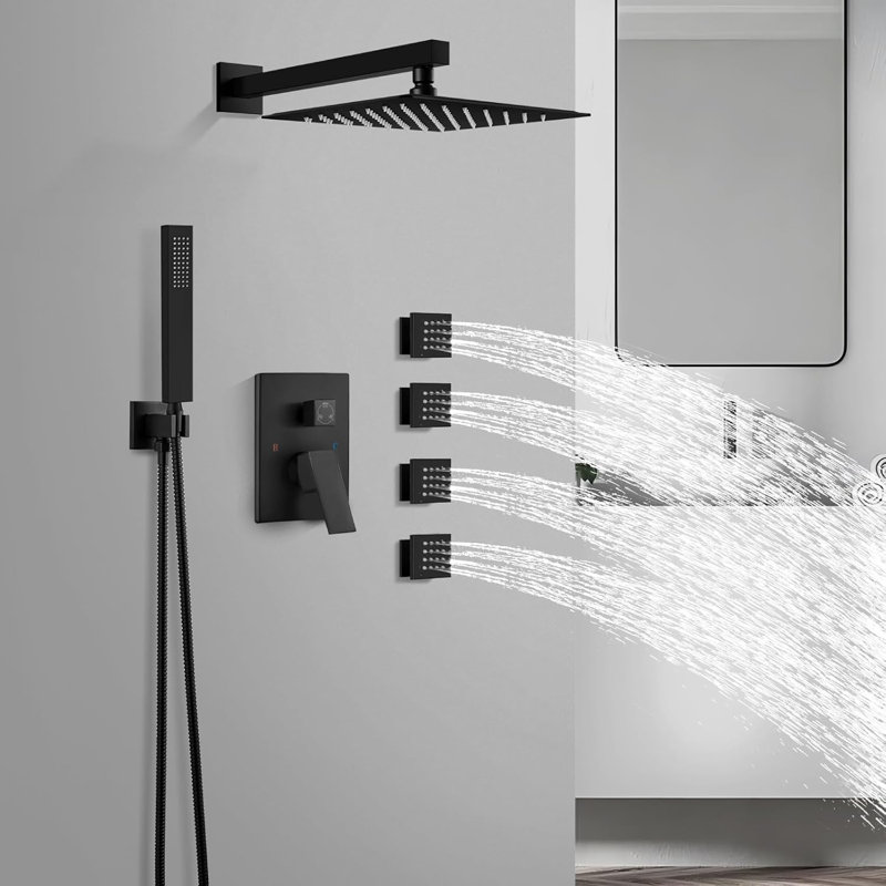 Ensemble de douche à jets de pluie 12 po avec 4 jets pour tout le corps, ensemble de robinets de douche à pluie haute pression muraux combinés avec douchette à main 2 en 1 pour salle de bain, noir mat