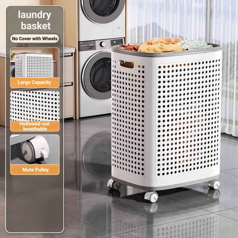 Panier à linge à roulettes sans couvercle JOYBOS, grand bac de rangement pour vêtements sales en plastique ventilé, gris clair