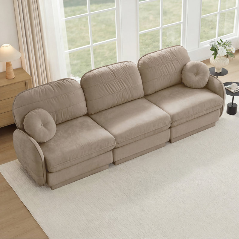 Chenille Cloud Regeani Sofa with Round Pillows, Quilted Back, Deep Seat, H 37,4 po x l 105,1 po x P 33,4 po, Café clair