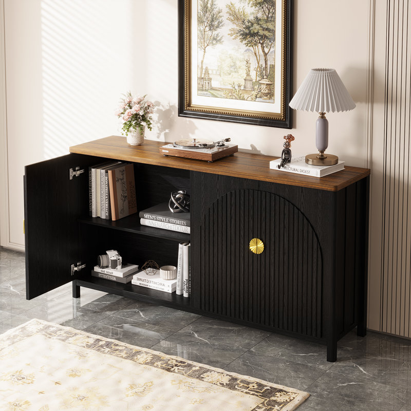 63" W Farmhouse-style Wooden Sideboard with Adjustable Shelves, Black/Beige