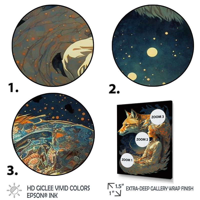 Cosmic Fox avec femme mystique I - impression, 44" H x 34" W, Cadre flottant doré