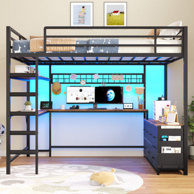 Lit mezzanine double avec bureau en U, 7 tiroirs de rangement et station de charge, lit mezzanine double en métal avec éclairage à DEL et tablettes de rangement à 2 niveaux, lit supérieur avec rails de sécurité et échelle, noir