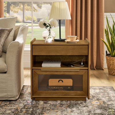 Table de chevet moderne Mid-Century avec station de charge et trou de sortie et 2 tiroirs, table de bout de style campagnard avec tablette ouverte et commode à tiroirs en verre, armoire latérale pour salle de réception