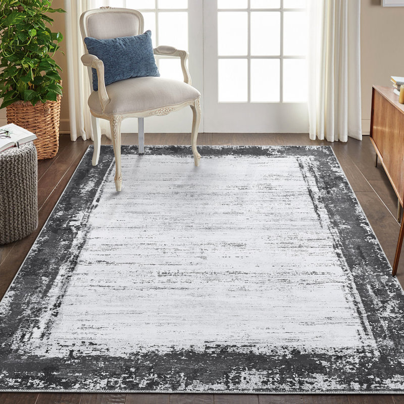 Tapis d'intérieur moderne à bordure délavée à bordure délavée et lavable à la machine, Rectangle 6 pi x 9 pi