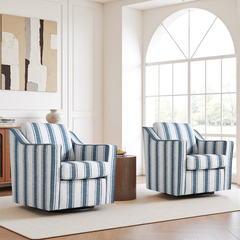 Ensemble de 2 fauteuils pivotants rembourrés et rembourrés Bronnen, Stripe Navy Chenille