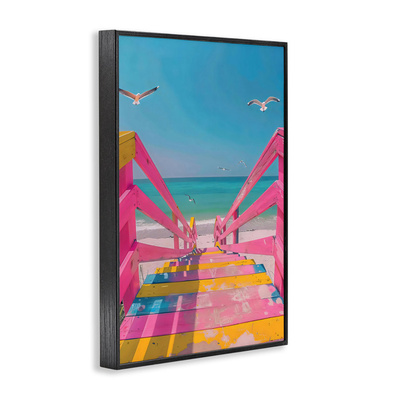 Retro Pink Beach Stairs Framed Giclee, design by LSR Design Studio, 18" H x 12" W, Midnight Black Framed Giclee