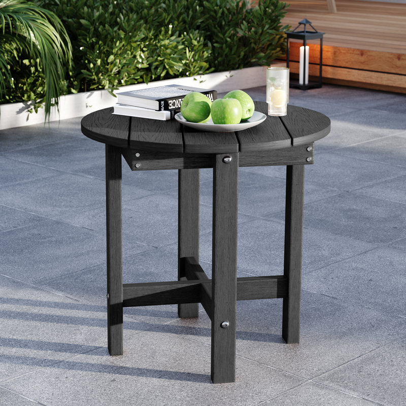 HDPE Small Round Outdoor Side Table, All-Weather Patio End Table for Deck Porch Backyard, Black