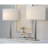 Maibrit 29" Metal Table Lamp in Polished Nickel and White Linen Shade