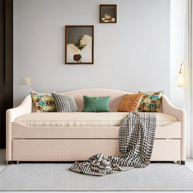 Karsha Teddy Fleece Full Size Upholstered Daybed with Light and Trundle, Beige