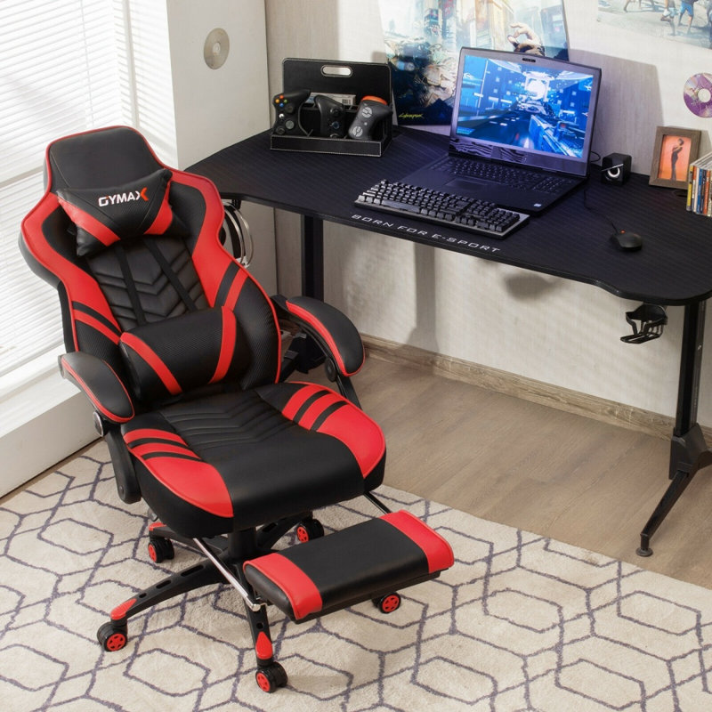 Fauteuil de jeu réglable avec repose-pieds pour bureau personnel, rouge, Similicuir rouge, Red