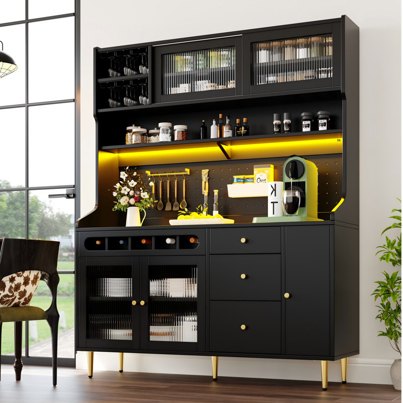 Kitchen Cabinet With Led, 5 Doors, 3 Drawers And Wine Rack Natural, Brown