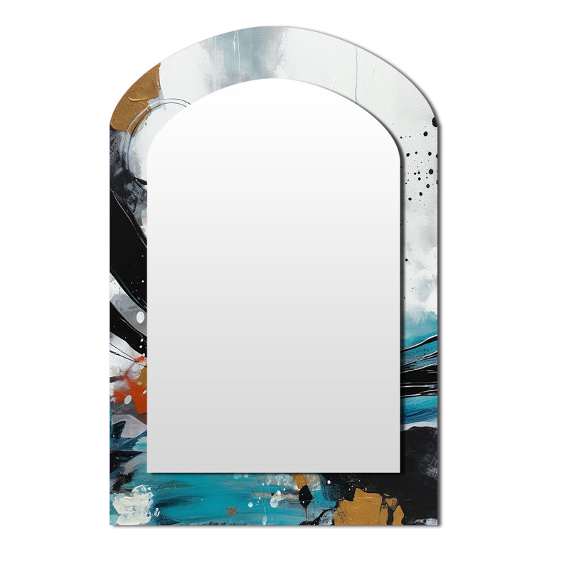 Exploration de Boho Simplicity III - grand miroir mural arqué abstrait, miroir décoratif asymétrique gris, impression d'art en métal