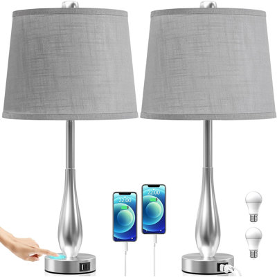 Ensemble de 2 lampes de table 24 po pour chambre à coucher avec 2 lampes de chevet à intensité variable à 3 voies avec port USB, lampes modernes pour salon, table de bout avec abat-jour gris nickel brossé, ampoules incluses