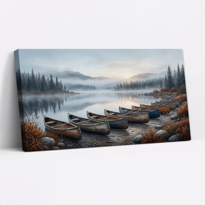 Row of Wooden Canoes on Misty Lake Shore Canvas Wall Art