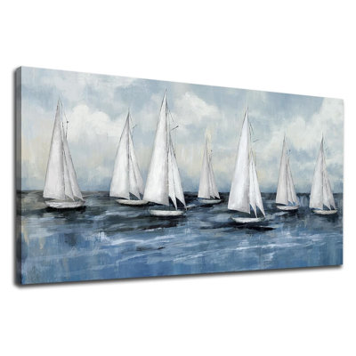 Sea Sailboat Canvas Wall Art Abstract Ocean Pictures Nautical White Sailboats Painting Prints Seascape Artwork Large Wall Decorations For Living Room Bedroom Home Office 24" X 48"