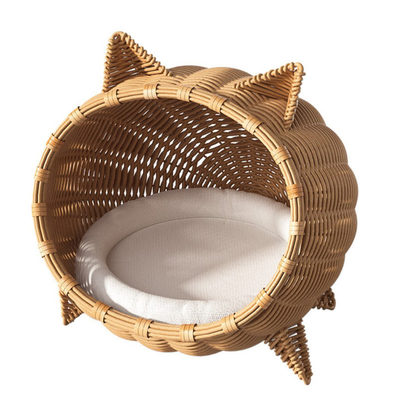 Lit pour chat en rotin avec coussin lavable à la machine, naturel