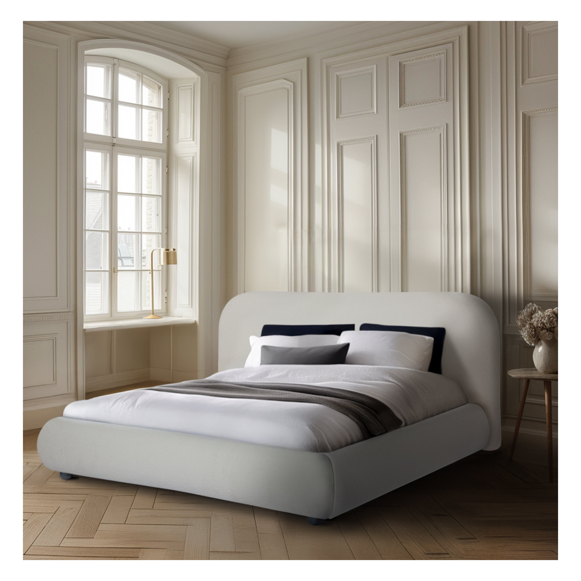 Reggie Upholstered Platform Bed, Off White Performance Boucle, King