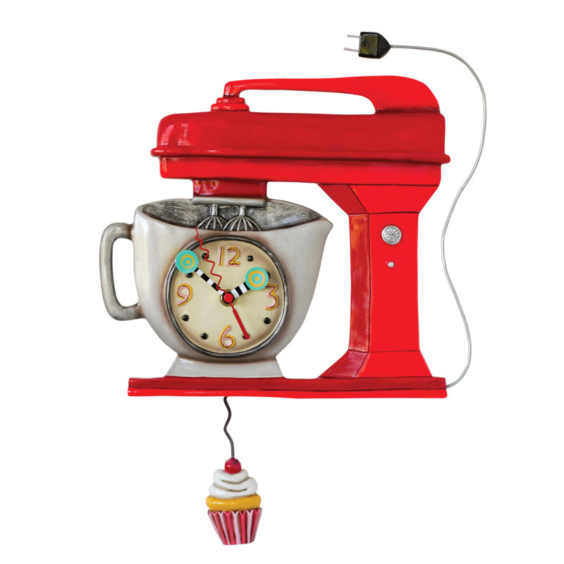 Allen Designs Red Vintage Style Mixer with Cupcake Battery Operated Sculpted Pendulum Wall Clock 16.5 Inch