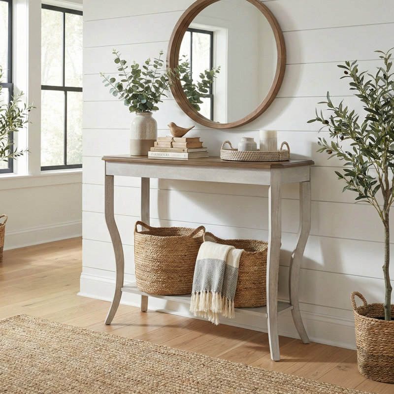 Locke 35.4 Solid Wood Console Table with Shelf, Antique Oak/Antique White