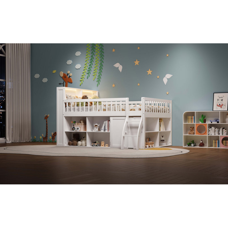 Lit mezzanine double avec rangement, tête de lit avec lumière DEL, Lit double, Blanc