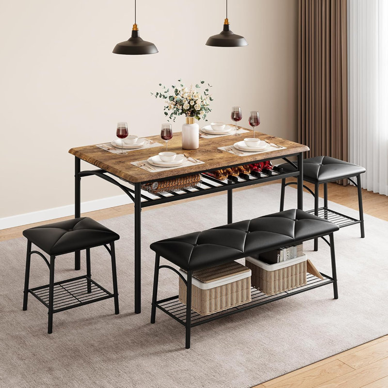 Dining Table With Benches, Kitchen Table Set For 4, Dining Room Table Set With Upholstered Bench And Square Stools, Metal And Wood Dining Table Set For 4 With Storage For Small Space