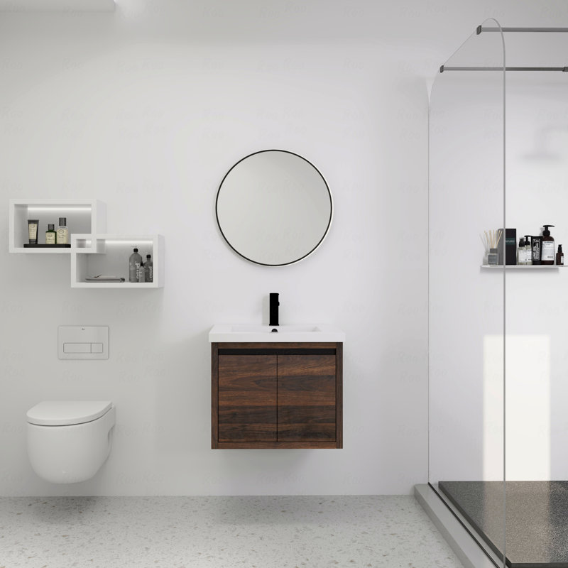 Armoire de salle de bain avec lavabo, portes à fermeture douce, conception à fixation flottante, Marron foncé, 24"