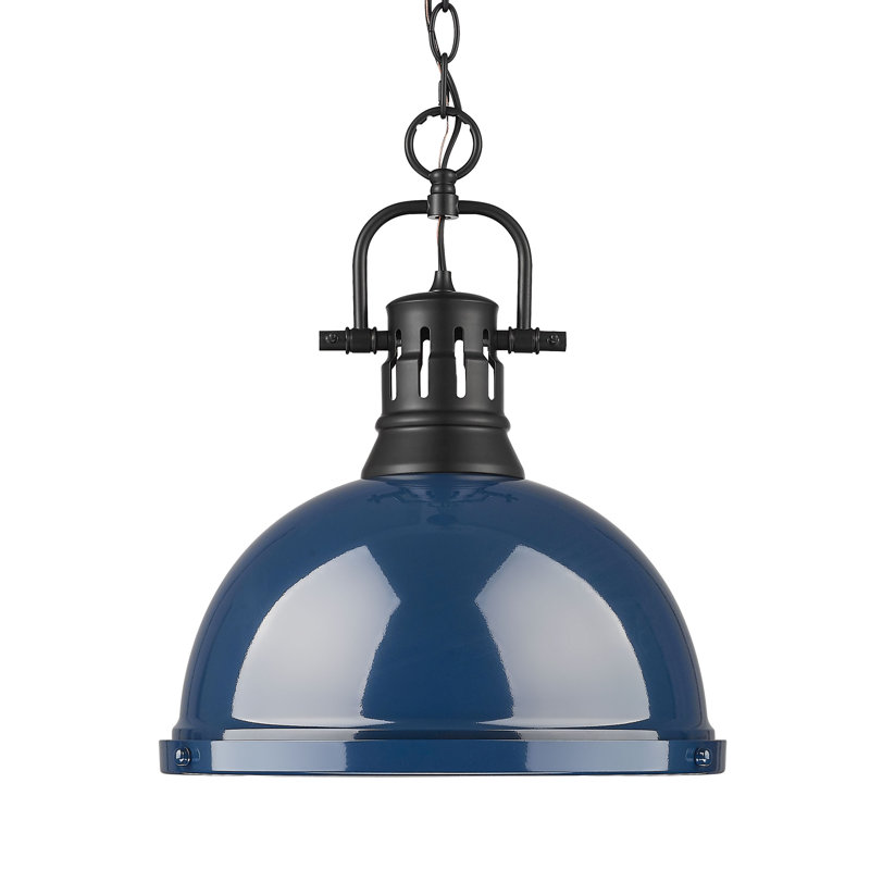 Luminaire suspendu 1 lumière avec chaîne Cajoux, H 14 po x l 14 po, Bleu marine mat, Noir mat