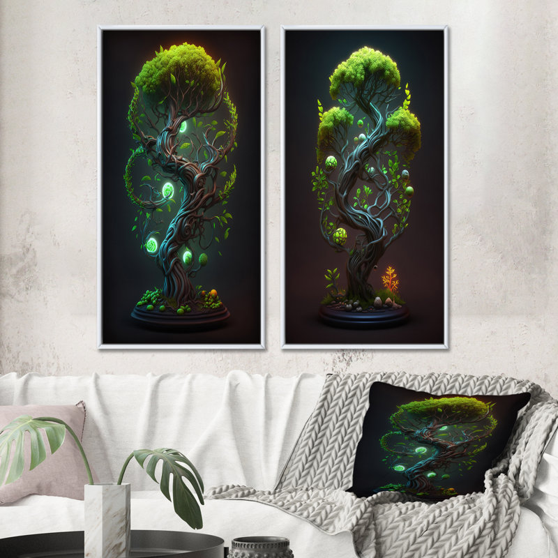 «Neon Bonsai Swirl Tree V», 2 pièces, Cadre blanc, H 40 po x l 40 po