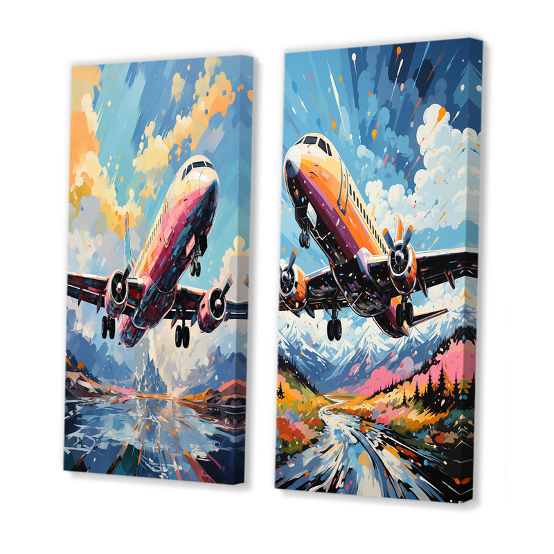 Pop Art Skyward Bound Plane - ensemble de 2 reproductions d'art mural, H 28 po x l 25 po, Toile tendue