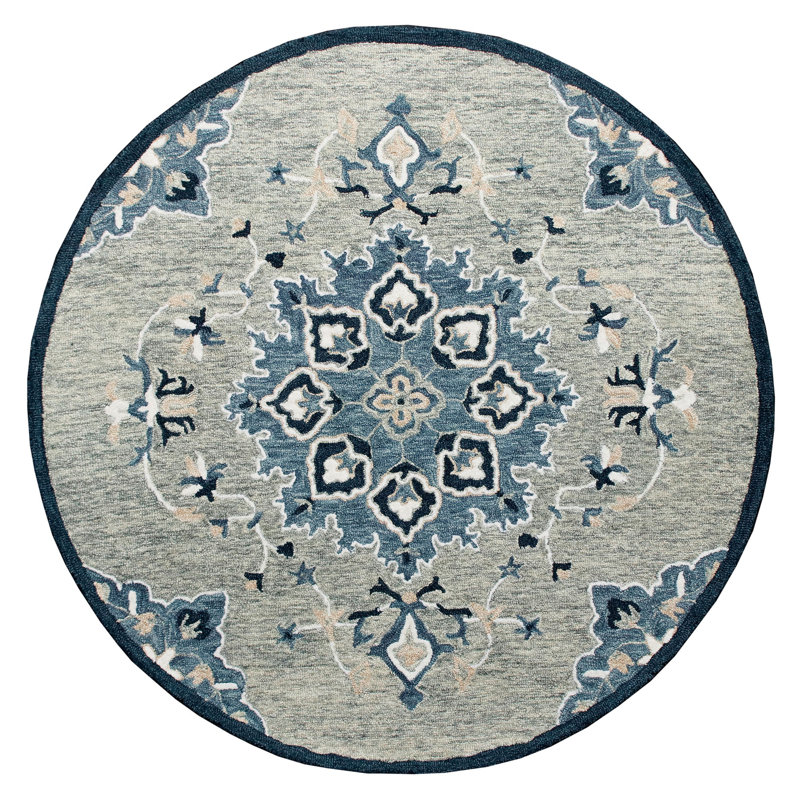 Tapis rond bleu et gris touffeté à la main 7 pi