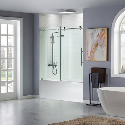 Porte de baignoire coulissante simple sans cadre de 56 à 60 po x H 62 po avec verre trempé transparent de 3/8 po (10 mm)