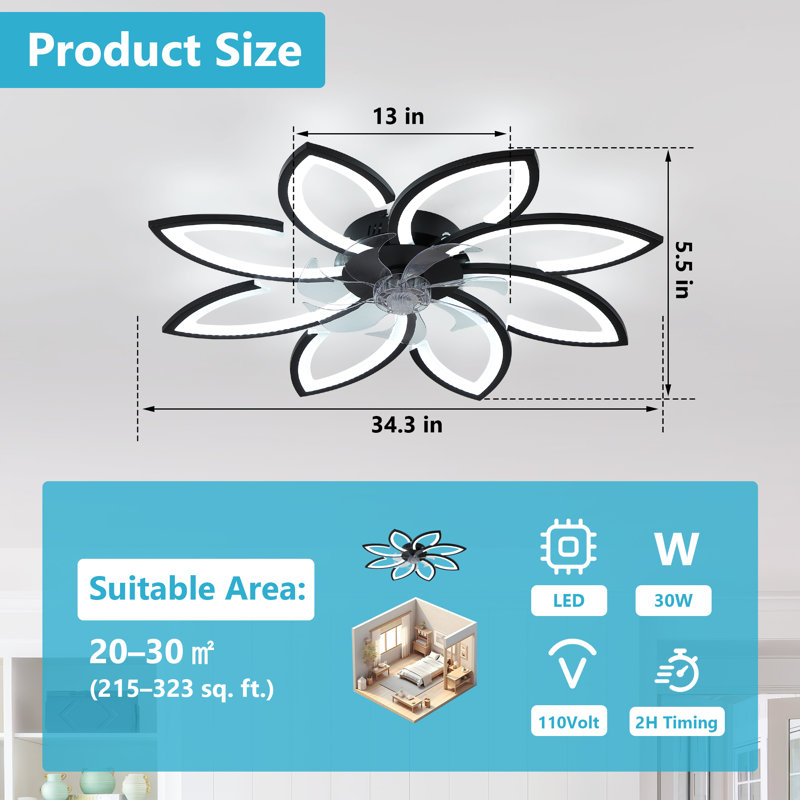 Ventilateur de plafond à DEL 7 pales 34,3 "avec lumière, télécommande et contrôle d'application, à intensité variable, à 6 vitesses et minuterie, pour la chambre à coucher, la cuisine et le salon