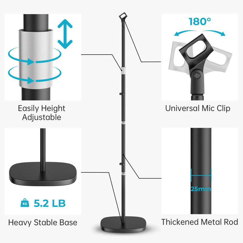 Microphone Stand, Universal Detachable Mic Floor Stand With Compact Weighted Base, Height Adjustable From 22’’ To 67’’, 2 Universal Mic Clips For Blue Yeti/Shure SM7B/Samson Q2U And More