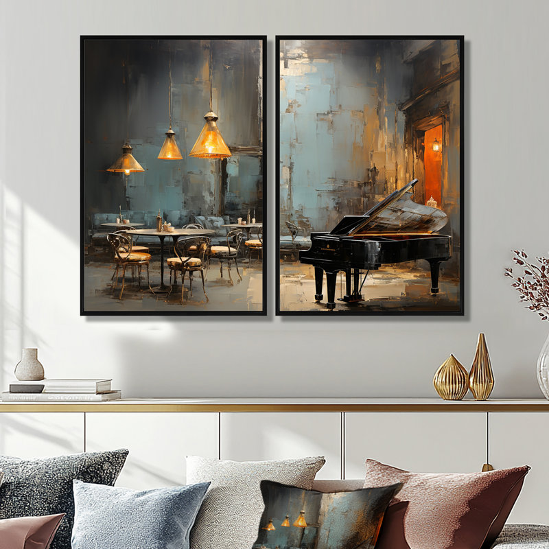 Art mural rétro sur toile, "Patao Sonata In Jazz Cafe III", 2 pièces, Black, 36" H x 48" W, Impression encadrée flottante