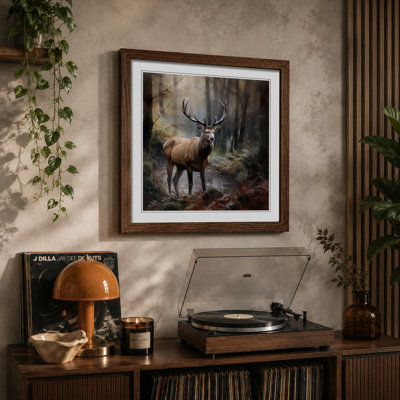 Stag In A Forest Realism - Framed Print
