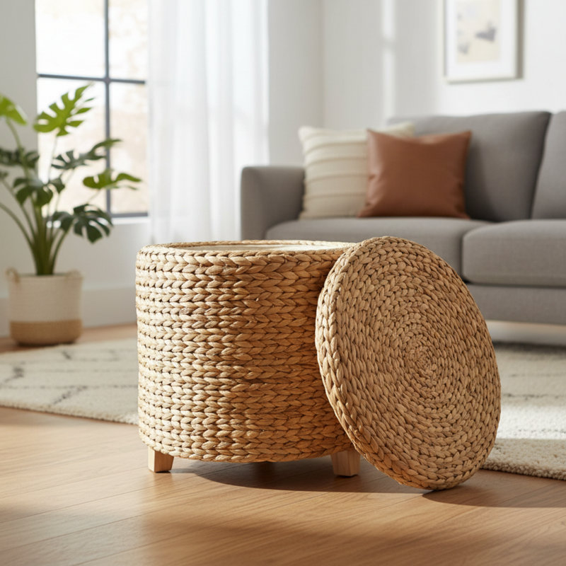 Natural Handwoven Round Footstool With Lid And Storage Design. Suitable For Living Room, Bedroom, Bathroom, Home Office, Or Any Other Space.