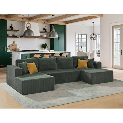 Canapé modulaire rembourré en velours côtelé double avec méridienne double, aucun assemblage requis pour un confort et un style instantanés.