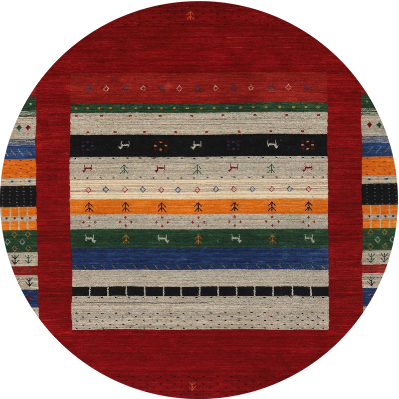 Tapis de zone rouge/orange/vert contemporaine, Rond 5 pi