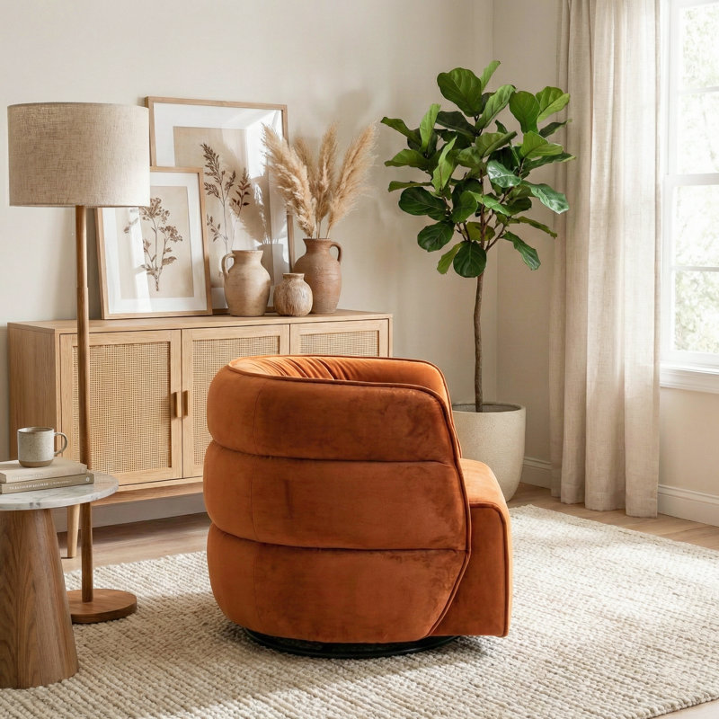Fauteuil demi-tonneau pivotant en velours Amundsen, Velours orange brûlé